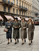 Four women wearing coats and cloche hats walking arm-in-arm on a city sidewalk with tram and shops in background