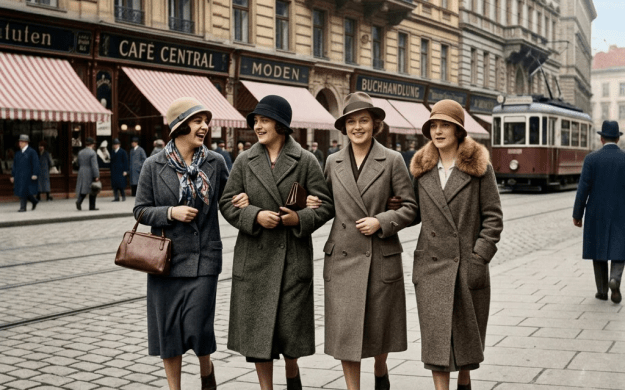 Four women wearing coats and cloche hats walking arm-in-arm on a city sidewalk with tram and shops in background